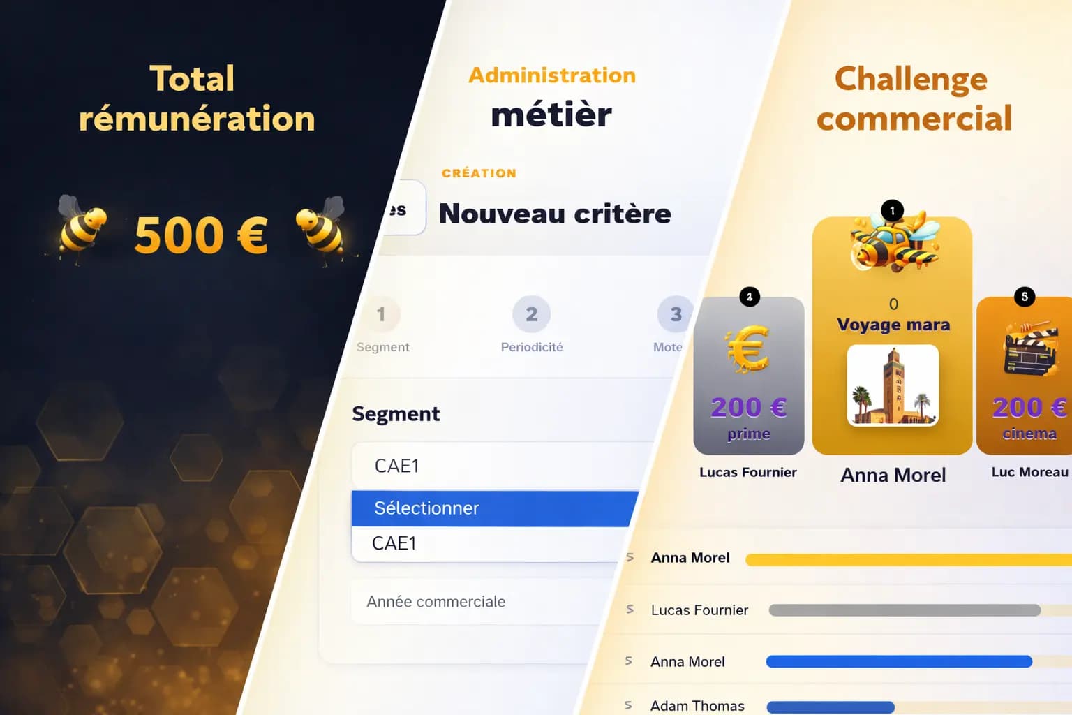 Vue synthétique RemVar avec rémunération variable, administration métier et challenge commercial